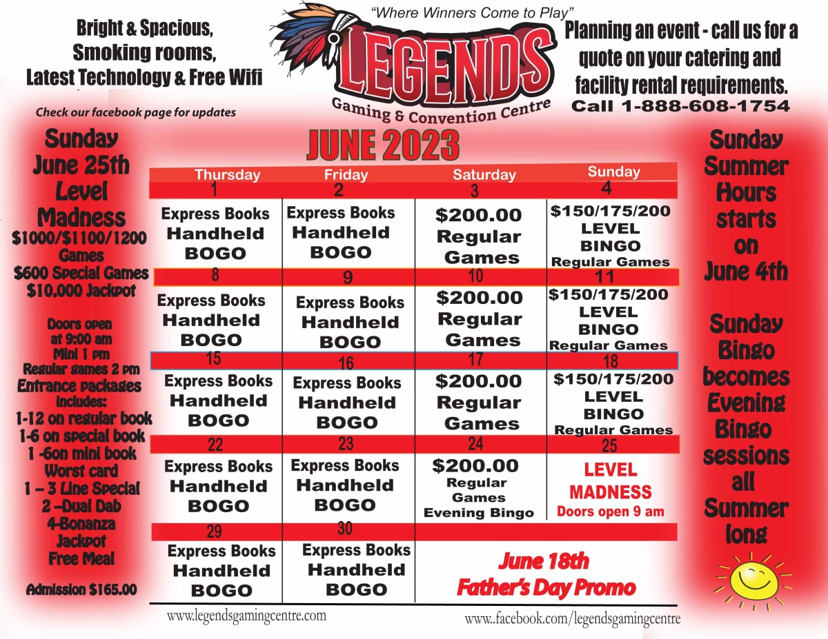June 2023 Calendar Legends Gaming Centre Bingo Truro Nova Scotia